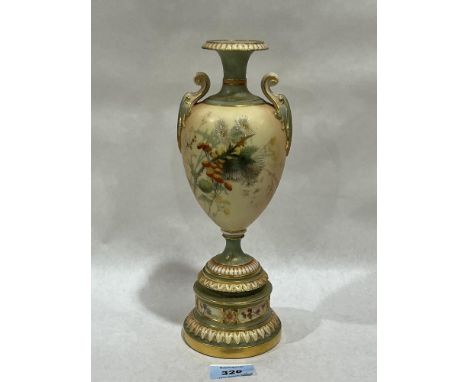 A Royal Worcester blush ivory pedestal vase, gilded and painted with wild flowers. Shape 1969. 10¾" high.