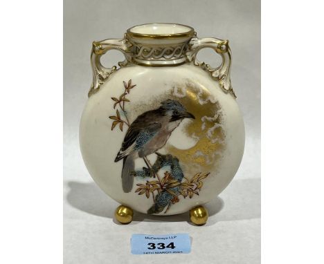 A Royal Worcester moonflask, gilded and painted with a bird on a branch. 5" high.