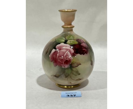 A Royal Worcester globular vase, painted with Hadley roses. 6" high.