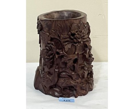 A Chinese hardwood brush pot, Bitong, carved in high relief with trees, a cockeral, chicken and chicks. 8" high.