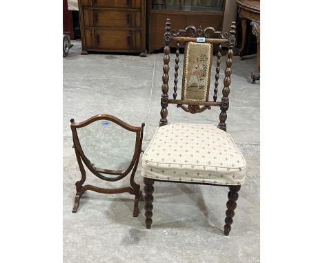 A Victorian rosewood bobbin turned and needlepoint upholstered side chair and a mahogany dressing table mirror with shield pl