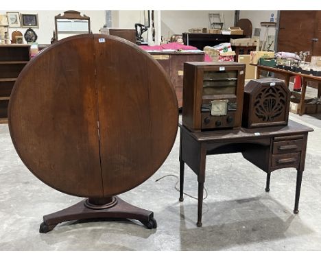 An early Victorian mahogany snap-top table; an oak desk; a wireless receiver and a Celestion speaker (4).