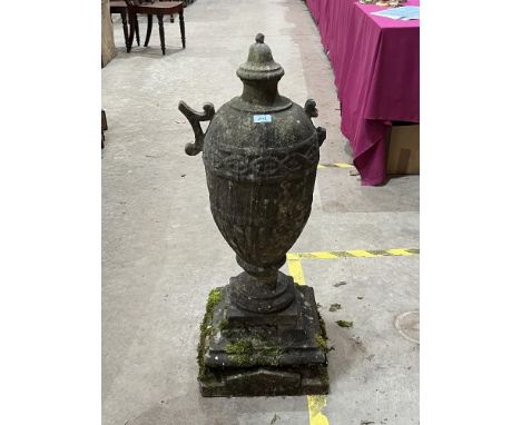 A 19th Century stone urn garden ornament, 35" high, losses