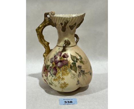 A Royal Worcester blush ivory jug, gilded and painted with summer flowers. Shape 1507. 7¼" high.