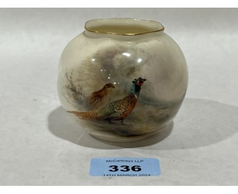 A Royal Worcester jar, painted with a cock and hen pheasant by George Stinton. 3" diam.