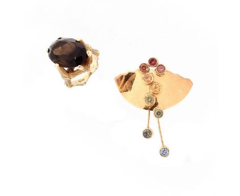 Vintage 14 Karat Yellow Gold and Multi Gemstone Stingray Pin together with Oval Cut Topaz and 14 Karat Yellow Gold Ring. Stam