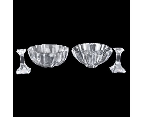 Grouping of Four (4) Vintage Orrefors Crystal Tableware. Comprised of two large bowls and a pair of candleholders in original