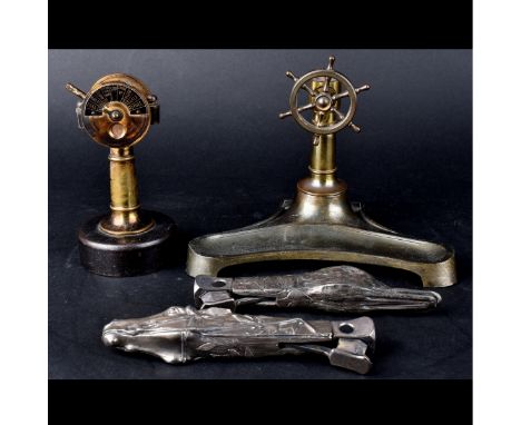 Lot of Four (4) Art Nouveau Cigar Cutters. Ship engine form cutter is marked "Made in Germany" on bottom side. Largest measur