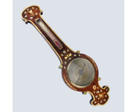 Antique 19/20th Century English J. Hughes Mother of Pearl Inlaid Rosewood Barometer. Signed to dial. Measures 36-1/2" H, 11"W