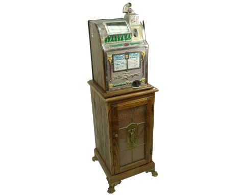 Antique 25 Cent Mills Novelty Operators Bell Owl Slot Machine with Associated Cabinet Stand. Slot machine measures 25-1/2" H 