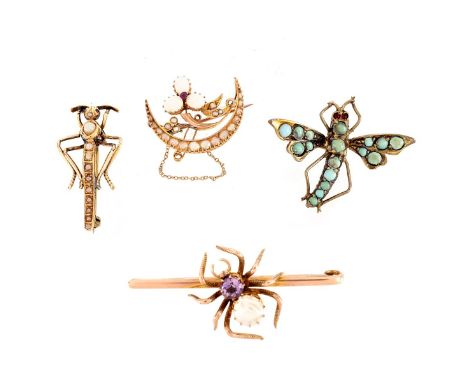 Collection of Four Antique Yellow Gold and Gold Filled Bug Pins Variously Accented with Amethyst, Opal, Seed Pearls and Mothe