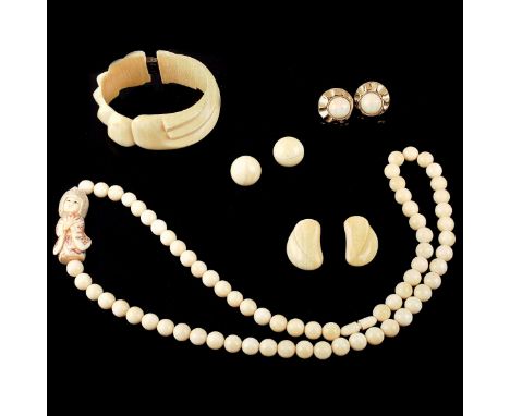 Vintage Ivory Jewelry Collection Including a Bead Necklace with Japanese Carved and Polychrome Figure, a Wide Hinged Cuff Ban