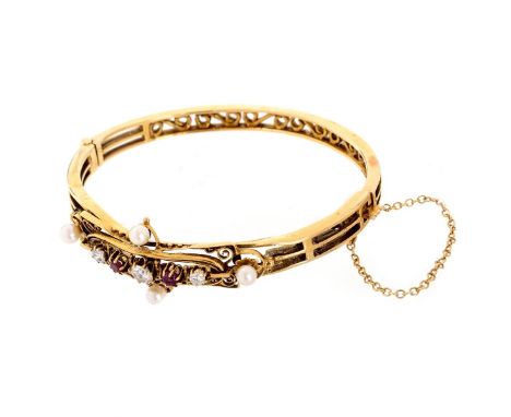 Vintage Approx. .50 Carat TW Round Brilliant Cut Diamond, Ruby, Pearl and 14 Karat Yellow Gold Hinged Bangle Bracelet. Diamon