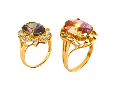 Two Vintage 14 Karat Gold Fashion Rings, One with Bi-color Citrine, One Mystic Topaz with small Diamonds. Stamped 14K, 585. R