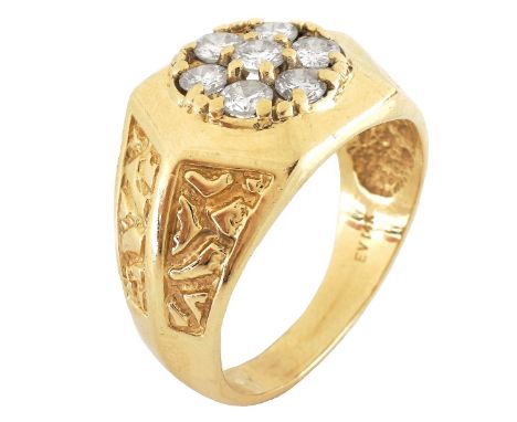 Man's Vintage Approx. 1.0 TW Round Brilliant Cut Diamond and 14 Karat Yellow Gold Ring. Stamped 14K. Ring size 11. Approx. we