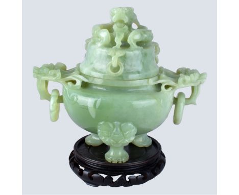 Vintage Chinese Serpentine Jade Dragon Censer on Stand. Ring handled, lidded. Unsigned. Measures 8" H x 10" W. Condition: Lid