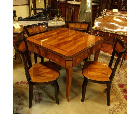 Vintage Italian Laquered Game Table With Four Chairs. The table with multiple games, surfaces. All chess and checkers and pla