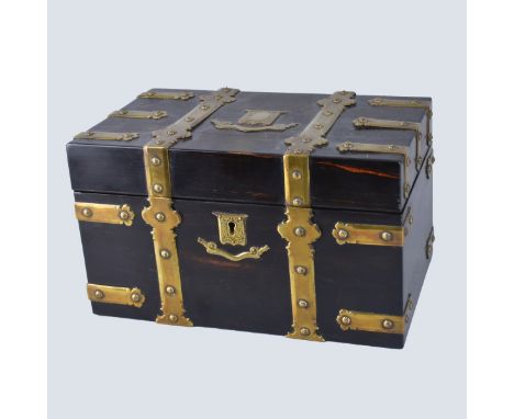 Antique English Tea Caddy with Brass Mounts. Two interior compartments. Measures 5-3/4" H x 10" W x 6" D. Condition: Rubbing 