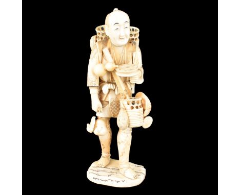 Large Japanese Carved Ivory Okimono. Depicts a basket seller. Signed. Measures 12-3/4" H x 7" W. We Will Not Ship This Item O