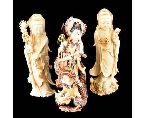 The Asian Carved Ivory Figurines. One a Japanese woman with a dragon, signed, 9" H; 2 Chinese Immortal figures, unsigned, 9-3