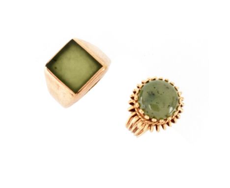 Lady's Vintage Jade and 14 Karat Yellow Gold Ring together with a Man's Vintage Jade and 10 Karat Yellow Gold Ring. Lady's ri