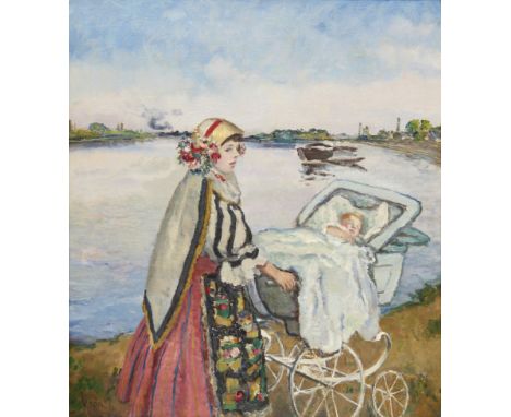Istv&aacute;n Cs&oacute;k 'Cs&oacute;k Istv&aacute;n',&nbsp;Hungarian 1865-1961 -&nbsp;A Mother pushing a pram on the bank or