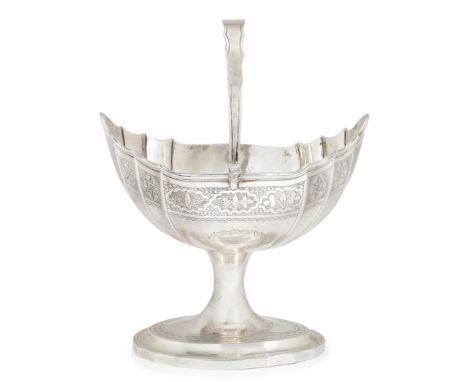 A George III Irish silver swing-handled sugar bowl,  Richard Sawyer, Dublin, 1805;   Of shaped, oval form and raised on a ste