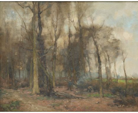 Harry Mitton Wilson,  British 1873-1923 - Winter Woodland with Woodcutters;   oil on canvas, 40 x 50 cm   Provenance:  Pyms G