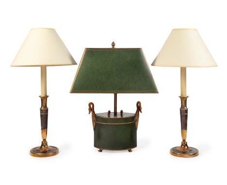 A French tole peinte egg coddle converted to a table lamp, mid-19th century - with gilt swan-neck handles and paw feet, later
