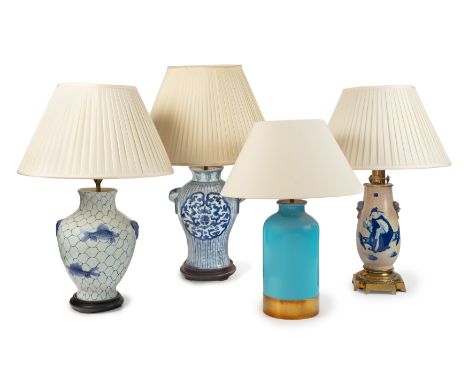 Three Chinese glazed vase table lamps,  late 20th century -   comprising: one with two figures on a gilt-brass base; one with