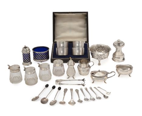 A group of silver and silver mounted cruets and oddments,  Various dates and makers;   The group including: four cased napkin