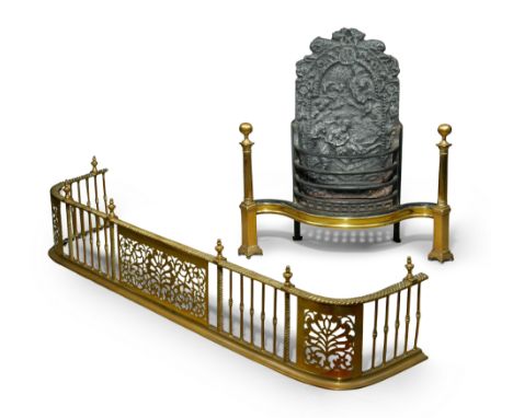 A George III brass and wrought-iron fire-grate,  late 18th century -   the railed basket above a serpentine frieze flanked by