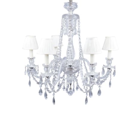 An English cut-glass six-light chandelier, of George III style, 20th century - the baluster stem supporting scroll branches (