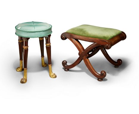 An English mahogany and parcel gilt stool, of Regency style, 19th century - with turquoise silk upholstery, on ring turned le