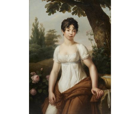 Étienne Barthélémy Garnier,  French 1759-1849 -    Portrait of a young lady, three-quarter length, seated in a garden;   oil 