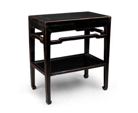 A Chinese black lacquered hardwood tiered side table,  20th century - Standing on four corner legs terminating in scroll feet