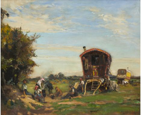 Harry Mitton Wilson,  British 1873-1923 -   Gypsies and Caravans; oil on canvas, signed lower right 'H M Wilson', 52 x 61 cm 