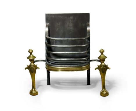 A George III brass and wrought-iron fire-grate,  19th century -   the railed basket flanked by standards cast with urn finial