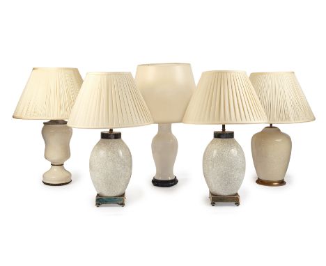 A group of five glazed lamps, late 20th century - comprising: a pair of crackle-glazed lamps on square brass bases; a crackle