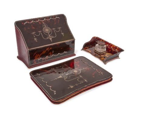 An English tortoiseshell and silver pique desk stationary box, inkstand and desk wallet,  William Comyns & Sons, London, 1935