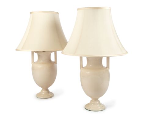 A pair of modern crackle-glazed krater vase table lamps,&nbsp;each with twin handles and drilled base, fabric shades, height 