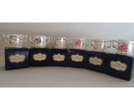 6 Royal Crown Derby miniature commemorative ware twin handled loving cups