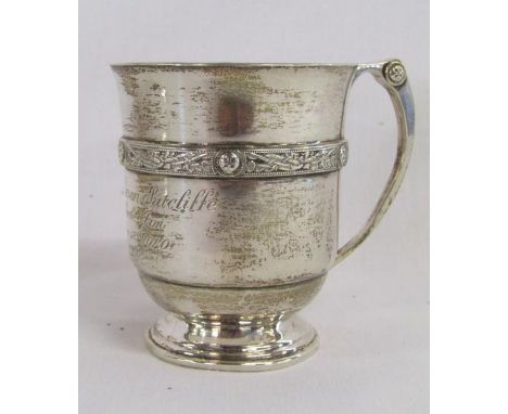 Barker Brothers Ltd silver christening tankard Birmingham 1939, with engraving 'Elizabeth Susan Sutcliffe from Uncle Jim Dece