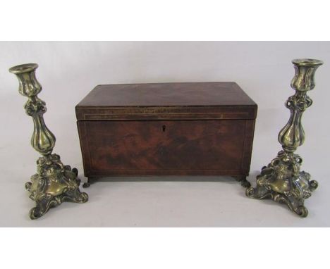 Wooden tea caddy and a pair of Art Nouveau silver plate candlesticks&nbsp;