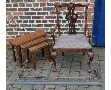 Chippendale style carver dining chair, set of 3 oak stools &amp; a brass fender