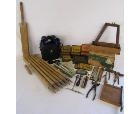 Boots Ascot binoculars, floating dry thermometers, tools, boot hook, Kodak trimming board, cricket stumps and bat, old tins e