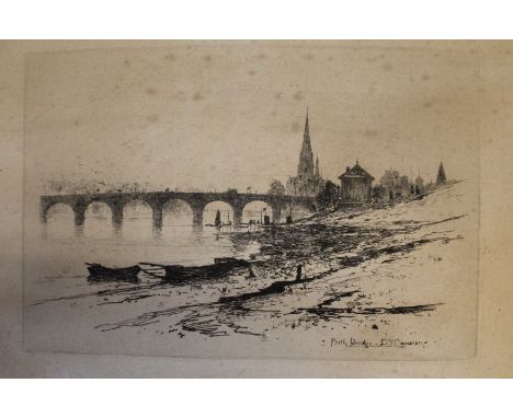 Etching of Perth Bridge by David Young Cameron (1865-1945) 36.5cm x 28cm - some staining / discoloured