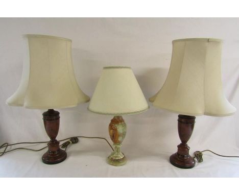 Onyx base table lamp with shade and a pair of wooden base table lamps - all with shades
