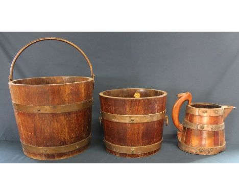 R A Lister &amp; Co coopered bucket 26.5 dia 22.5cm h &amp; 1 other with handle (label faded) 32cm dia 28cm h and coopered ju