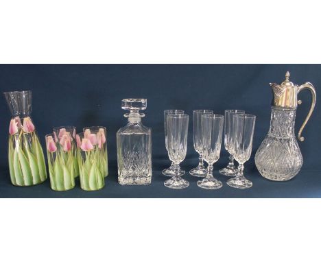 Glass claret jug with silver plated collar / handle, 6 pressed glass champagne flutes, whisky decanter &amp; hand-painted wat